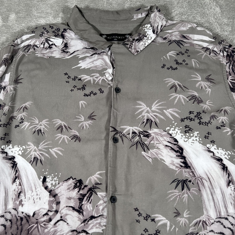AllSaints Shirt Mens 2XL Gray Button Up Long Sleeve Bamboo Print Casual